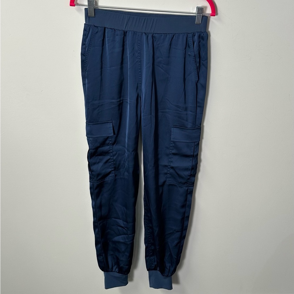 CALVIN KLEIN women's navy silky satin slim cargo joggers,